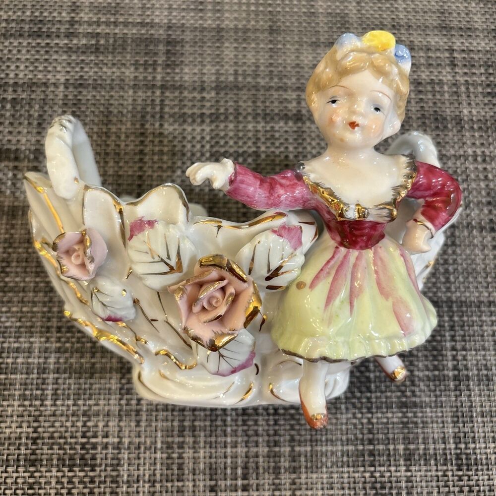 Bone China Woman With Flower Basket Japan Vintage Roses Decorative 4” Tall